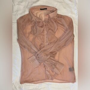 Suzy Shier pink flowy blouse with white polkadots and ruffles. Size Medium.